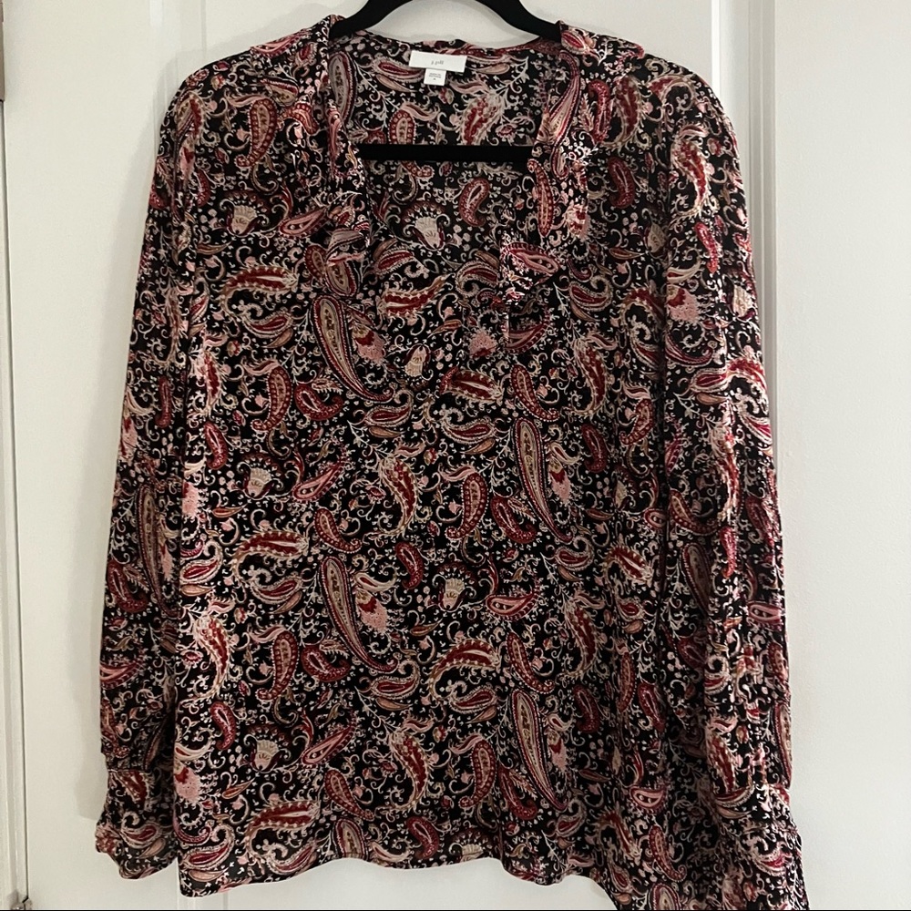 J.JILL | red pink black paisley blouse top | size M